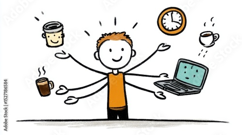 The stick figure juggles objects like clock, laptop, and coffee, showing the art of balancing multiple projects solo with agility and calm.
