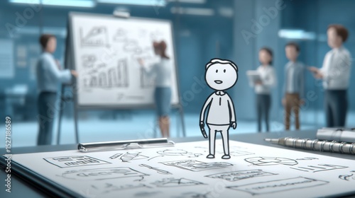 At a workplace session, a stick figure uses a flip chart while teammates take notes, symbolizing collaborative education and growth.
