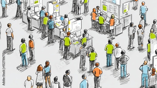 Stick figures connect with booth reps, exchanging ideas and exploring opportunities in a busy, informative event space.