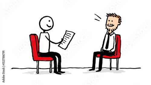 A stick figure and supervisor analyze a performance document together, highlighting development and goals in an attentive meeting.
