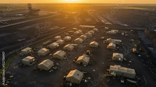 Temporary housing structures in a quarry at sunrise.