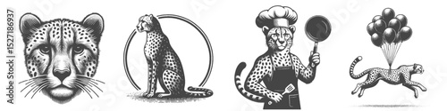 Vintage Hand-Drawn Cheetah Chef And Cheetah Flying With Balloon Collection Illustration, Wild Animal Engraved Style Vector for T-Shirts and Adventure Themes Design