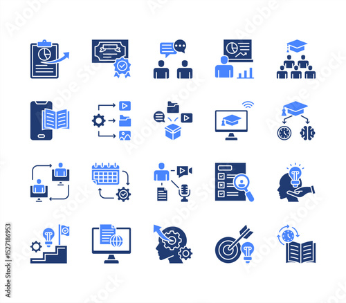 Learning management System icon collection set. Containing blended, virtual classroom, courseware, gamification, assessment, synchronous, course catalog icon. Simple flat vector.
