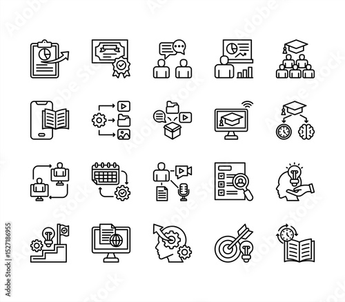 Learning management System icon collection set. Containing blended, virtual classroom, courseware, gamification, assessment, synchronous, course catalog icon. Simple line vector.
