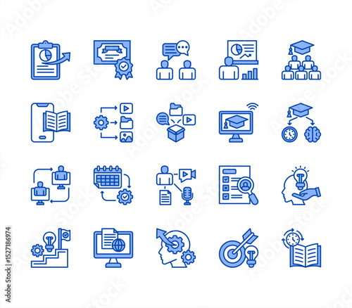 Learning management System icon collection set. Containing blended, virtual classroom, courseware, gamification, assessment, synchronous, course catalog icon. Simple line vector.