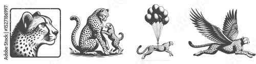 Vintage Hand-Drawn Cheetah Collection Illustration, Wild Animal Engraved Style Vector for T-Shirts and Wildlife Themes Design photo