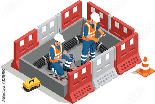 Two utility workers in safety uniforms repairing underground power cables inside a secured maintenance zone with orange barriers and traffic cone for urban electrical infrastructure upgrade isometric
