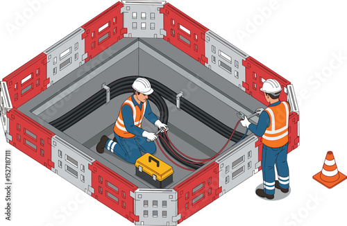 Two utility workers in safety uniforms repairing underground power cables inside a secured maintenance zone with orange barriers and traffic cone for urban electrical infrastructure upgrade isometric