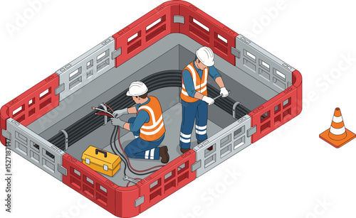 Two utility workers in safety uniforms repairing underground power cables inside a secured maintenance zone with orange barriers and traffic cone for urban electrical infrastructure upgrade isometric