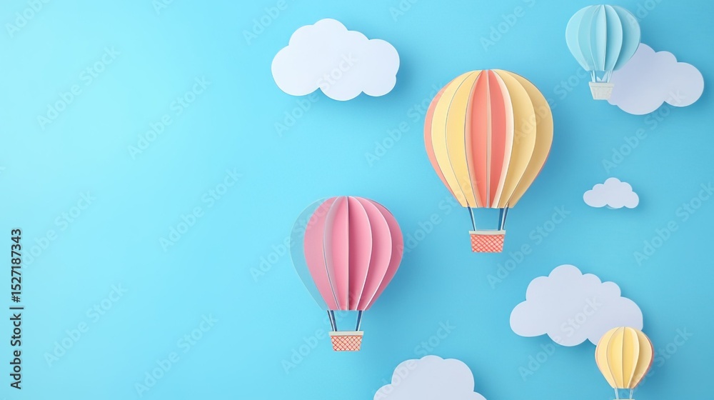 Fototapeta premium Paper art style colorful hot air balloons floating in sky with clouds and sun, flat vector illustration, bright cute cartoon design, simple lines, minimalism, shadowless, clear details, high resolutio