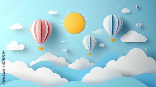 Wallpaper Mural Paper art style colorful hot air balloons floating in sky with clouds and sun, flat vector illustration, bright cute cartoon design, simple lines, minimalism, shadowless, clear details, high resolutio Torontodigital.ca