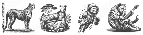 Vintage Hand-Drawn Cheetah Astronaut Collection Illustration, Wild Animal Engraved Style Vector for T-Shirts and Space Themes Design