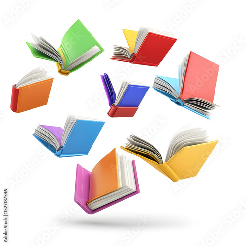Colorful hardcover books soaring mid-air with open pages fluttering, isolated on white background.