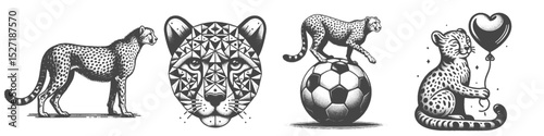 Vintage Hand-Drawn Cheetah Playing Ball Illustration, Wildlife Animal Engraved Style Vector for T-Shirts and Sports Themes Design