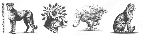 Vintage Hand-Drawn Cheetah With Flower Headgear Collection Illustration, Wild Animal Engraved Style Vector for T-Shirts and Nature Themes Design