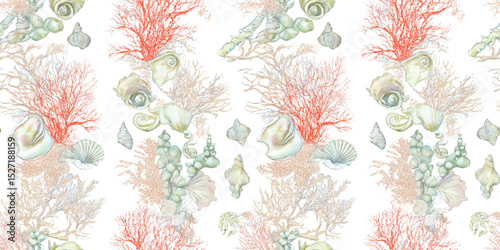 Vibrant Underwater Coral Reef Seamless Pattern. Detailed Ocean Marine Shell Nature Design for trendy design, textile, packaging, fabric, wallpaper, branding, stationery, wrapping paper interior decor.