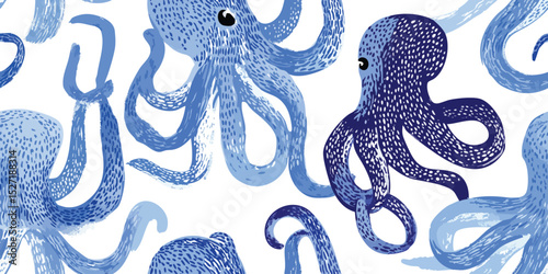 Abstract Ocean Octopus Seamless Pattern. Playful Blue Marine Creature Graphic Design for trendy design, textile, packaging, fabric, wallpaper, branding, stationery, wrapping paper interior decor