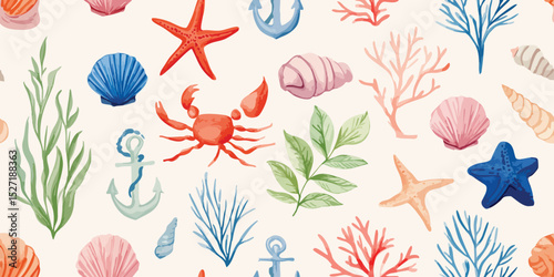 Vibrant Nautical Marine Life Seamless Pattern. Playful Ocean Beach Nature Design for trendy design, textile, packaging, fabric, wallpaper, branding, stationery, wrapping paper interior decor.