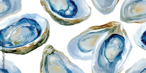 Abstract Watercolor Oyster Shell Seamless Pattern. Coastal Marine Life Nature Design for trendy design, textile, packaging, fabric, wallpaper, branding, stationery, wrapping paper interior decor.