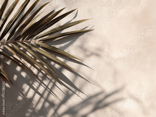 Palm leaf casting shadow on beige wall, natural light, neutral colors