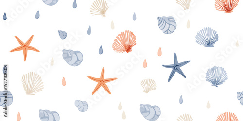Cute Coastal Shell Starfish Seamless Pattern. Playful Marine Ocean Beach Design for trendy design, textile, packaging, fabric, wallpaper, branding, stationery, wrapping paper interior decor.