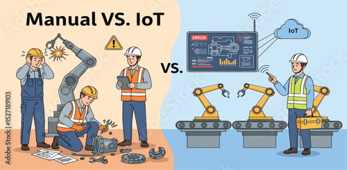Manual vs. IoT Industrial Automation in Smart Factory Isometric Isolated - Engineers and Technicians Monitoring and Maintaining Production System with