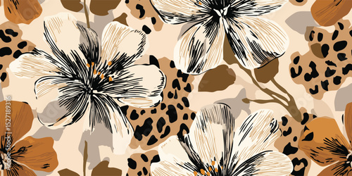 Abstract Floral Animal Print Seamless Pattern. Stylish Modern Botanical Leopard Design for trendy design, textile, packaging, fabric, wallpaper, branding, stationery, wrapping paper interior decor.