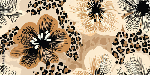 Abstract Floral Animal Print Seamless Pattern. Stylish Modern Botanical Leopard Design for trendy design, textile, packaging, fabric, wallpaper, branding, stationery, wrapping paper interior decor.