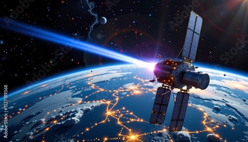 Satellite transmitting data above earth outer space digital art cosmic environment aerial view technology concept