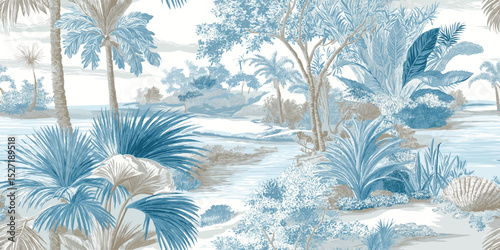 Elegant Tropical Toile Landscape Seamless Pattern. Detailed Nature Botanical Scenic Design for trendy design, textile, packaging, fabric, wallpaper, branding, stationery, wrapping paper interior decor