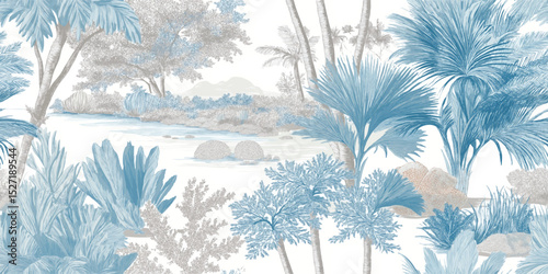 Elegant Tropical Toile Landscape Seamless Pattern. Detailed Nature Botanical Scenic Design for trendy design, textile, packaging, fabric, wallpaper, branding, stationery, wrapping paper interior decor