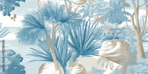 Elegant Tropical Toile Landscape Seamless Pattern. Detailed Nature Botanical Scenic Design for trendy design, textile, packaging, fabric, wallpaper, branding, stationery, wrapping paper interior decor