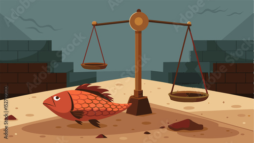 A rusty fish scale discarded and forgotten sits like a relic of the past in the empty market a reminder of the days when fishing restrictions were unheard of.. Vector illustration