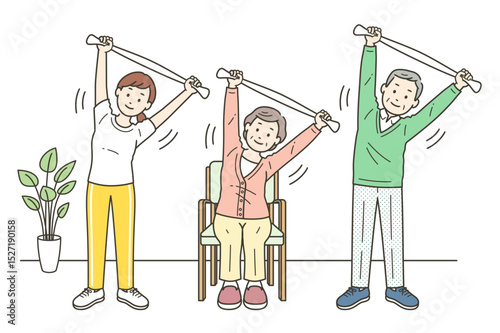 ストレッチをする高齢男女と介護士のイラストセット
