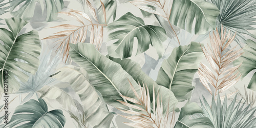 Subtle Tropical Jungle Leaf Seamless Pattern. Elegant Botanical Foliage Nature Design for trendy design, textile, packaging, fabric, wallpaper, branding, stationery, wrapping paper interior decor.
