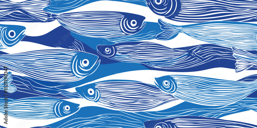 Fototapeta Abstract Blue Fish Shoal Seamless Pattern. Modern Minimalist Marine Life Design for trendy design, textile, packaging, fabric, wallpaper, branding, stationery, wrapping paper interior decor.
