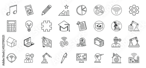 Line art illustrations of various concepts including technology, engineering, education, and business ideas.
