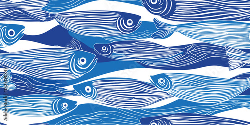 Abstract Blue Fish Shoal Seamless Pattern. Modern Minimalist Marine Life Design for trendy design, textile, packaging, fabric, wallpaper, branding, stationery, wrapping paper interior decor.