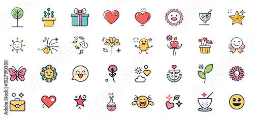 Set of delightful hand drawn doodle icons featuring love gifts flowers and cheerful emoticons on white background.