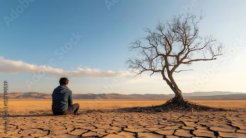 Lone person sitting on cracked dry earth near leafless tree under clear sky, evoking sense of solitude and reflection in vast barren landscape