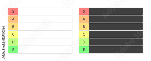 Tier list table empty template set vector. Isolated blank tiers list chart with letters on white background. Analyzing, compare, ranking concept banner. Web design Illustration.