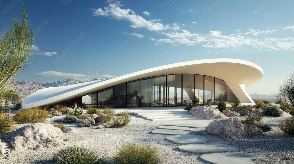Fototapeta premium Futuristic Desert Residence: Architectural Marvel in Arid Landscape