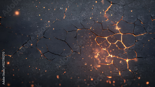 Cracked dark surface with glowing orange lava cracks and scattered sparks creating intense and fiery abstract texture with scorched appearance and glowing embers
