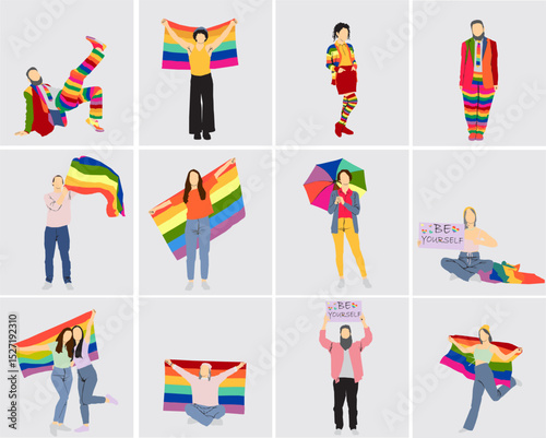 lgbt people full length collection with rainbow flags pride month celebration
