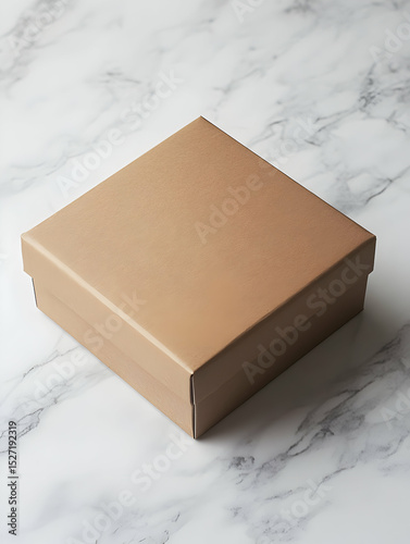 A Beige Square Gift Box Rests on a Marble Surface, Product Mockup for Packaging Design