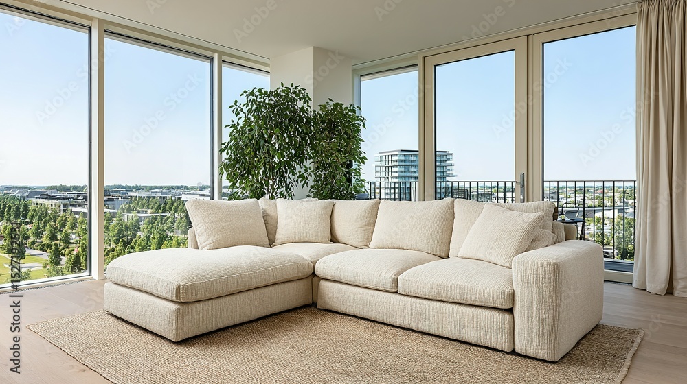 Fototapeta premium Light beige sectional sofa in a modern living room with panoramic city views.