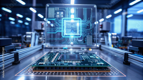 A microchip on a circuit board with a digital overlay, highlighting advanced technology in a modern manufacturing environment.