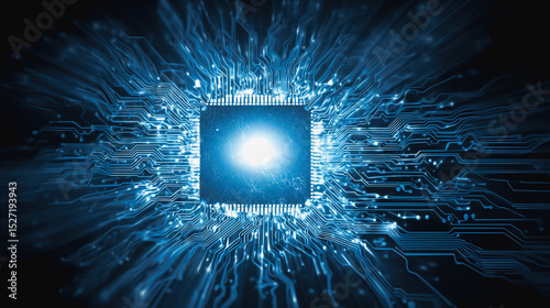 A glowing microchip at the center emits blue light, surrounded by intricate, radiating circuit board pathways.