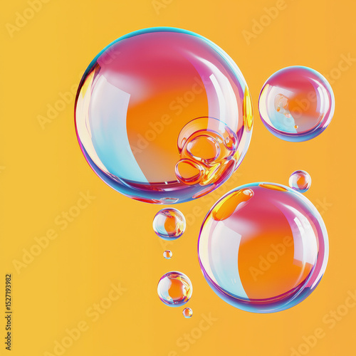 Shiny, translucent bubbles with rainbow reflections float against a vibrant orange background, creating a glossy and colorful abstract composition.