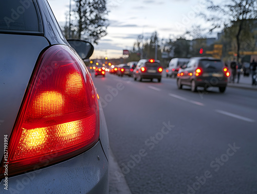 Closeup of red brake lights glowing on car in traffic during dusk with blurred vehicles and street scene in background, creating sense of busy urban movement and evening rush hour